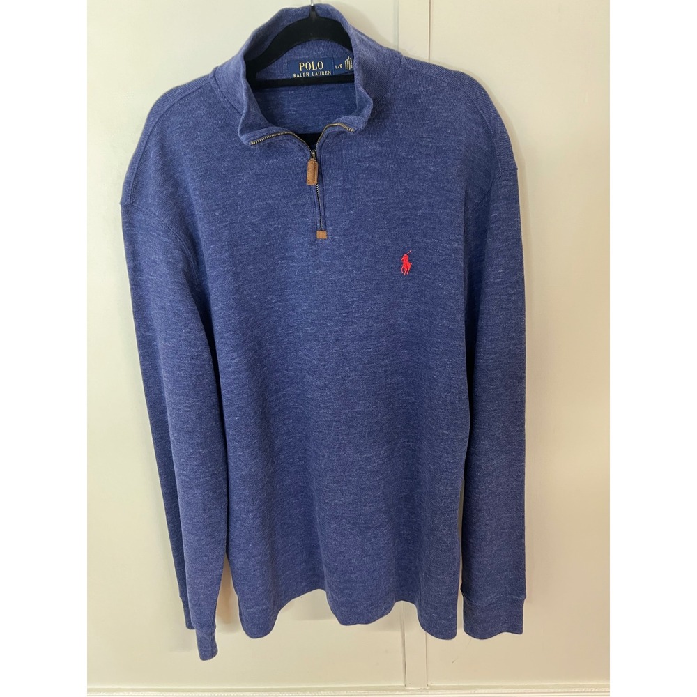 Polo Ralph Lauren Mens Blue Heathered Cotton Quarter Zip Pullover Sweater Large